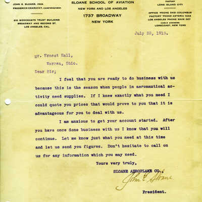 Letter from Sloane Aeroplane Company