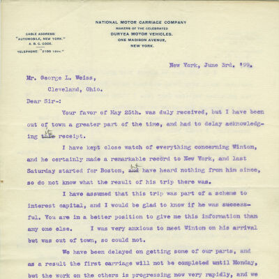 letter page 1 to George Weiss from National Motor Carriage Company dated 3 June, 1899
