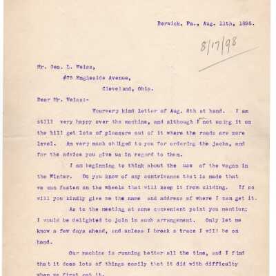 Letter to George L. Weiss from C.R. Woodin, 1898