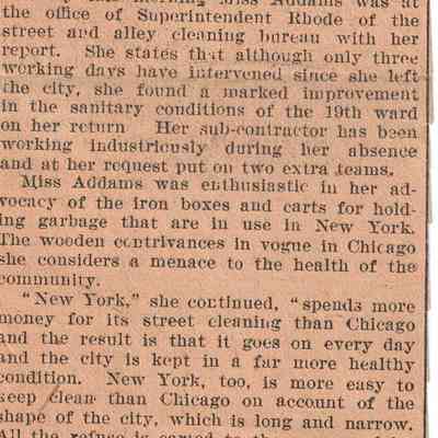Jane Addams has Returned Newspaper Article