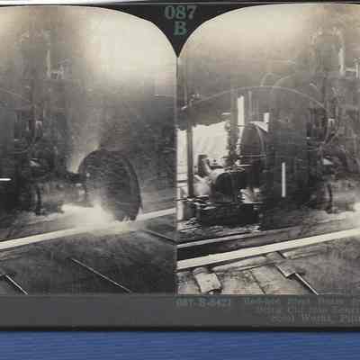 Stereograph Card: Sawing a Red-Hot Steel Beam