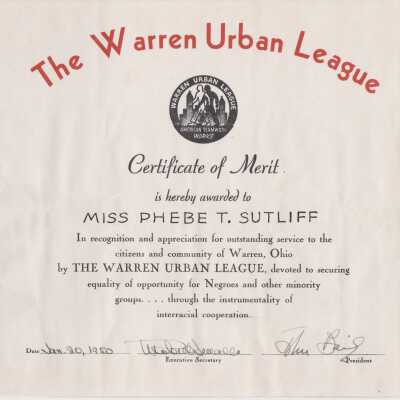 Certificate of Merit, Warren Urban League to Phebe T. Sutliff