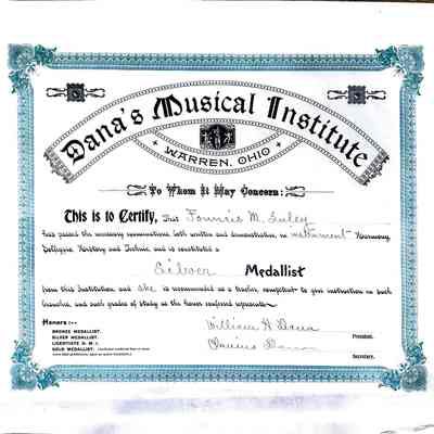 Founcis M. Luley Dana's Musical Institute Certificate