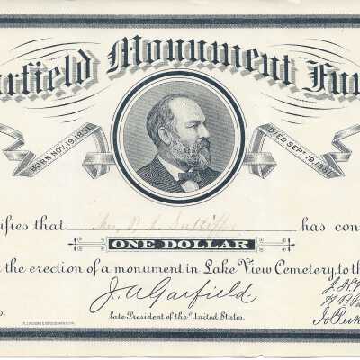 Garfield Memorial Fund Receipt, Mrs. P. L. Sutliff