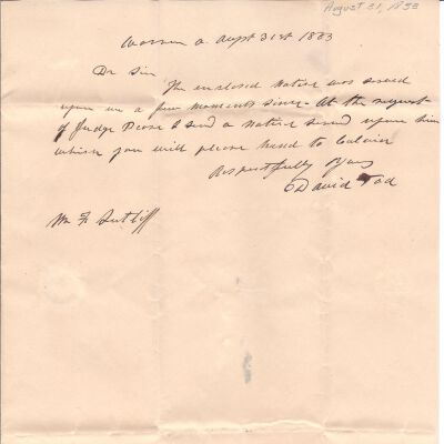 David Tod Postmaster to Flavel Sutliff