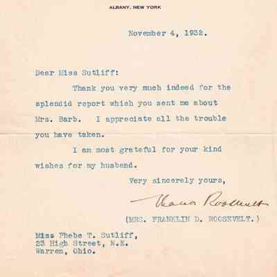 Letter to P.T. Sutliff from Eleanor Roosevelt
