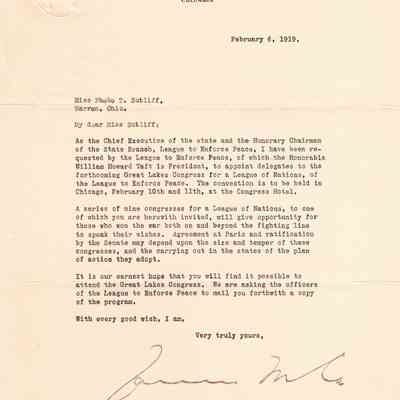 Letter to Phebe T. Sutliff from the Chief Executive of the State Branch of the League to Enforce Peace.