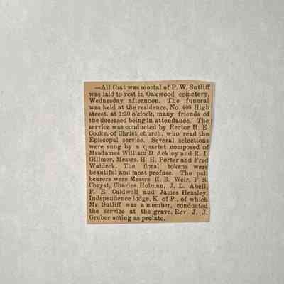 Plumb W. Sutliff Burial Announcement