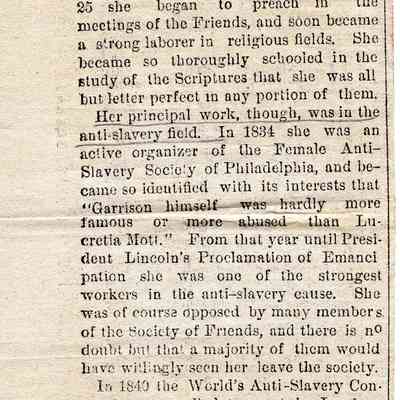 Lucretia Mott Newspaper Article