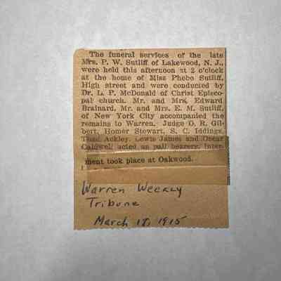 Mrs. P.W. Sutliff Funeral Announcement