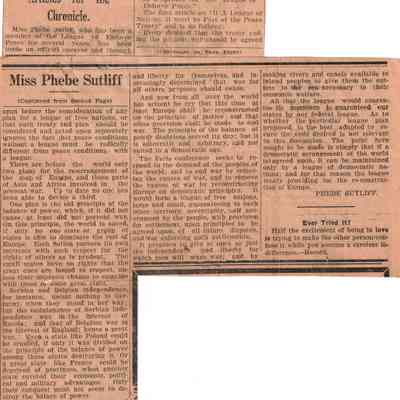 Miss Phebe Sutliff Is Made Official Speaker For Peace League