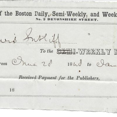 Receipt for a Subscription Payment from Lewis Sutliff to the Boston Weekly Republican