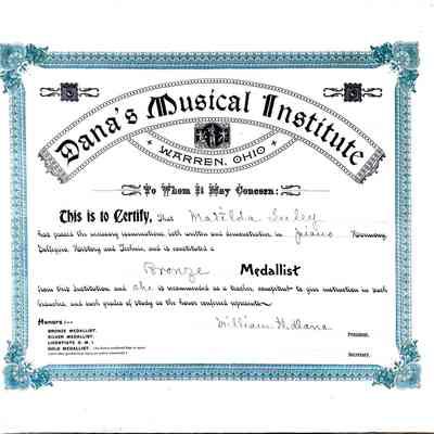 Matilda Luley Dana's Musical Institute Certificate