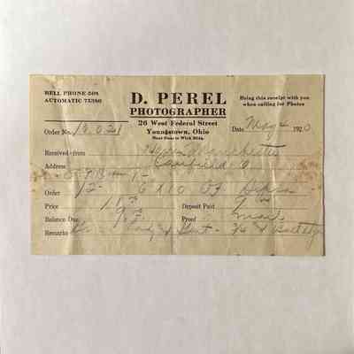 D. Perel Photographer Receipt, 1920