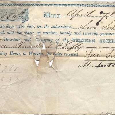 Agreement between the Western Reserve Bank and Levi Sutliff