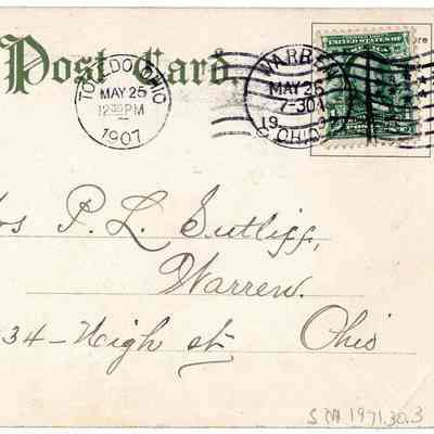 Back of the postcard: This vintage postcard from 1907 is addressed to Mrs. P.L. Sutliff in Warren