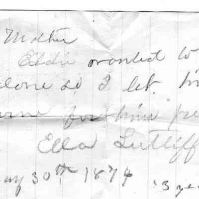 Note from Ella Sutliff, 1874