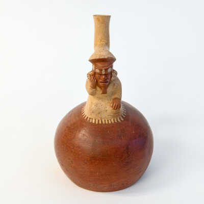 Middle Mochica Polychromed Globular Vessel With Figural Finial