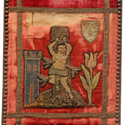 18th c. Child’s Backstool with Embroidered Textile Back
