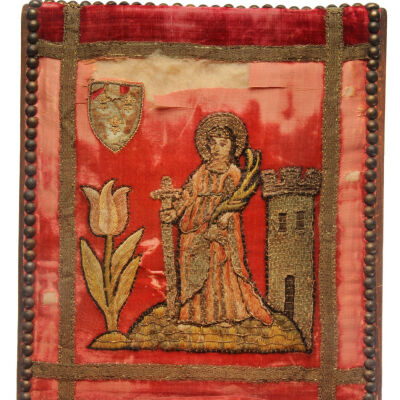 18th c. Child’s Backstool with Embroidered Textile Back