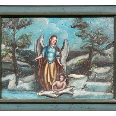 19th c. Mexican retablo of The Archangel Raphael and Tobias and the Fish.