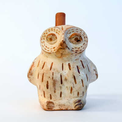 Mochica Mold Made Pottery Owl Form Vessel