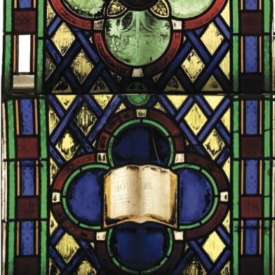 Ornamental Panel with Gothic Arch and “Holy Bible” quatrefoil