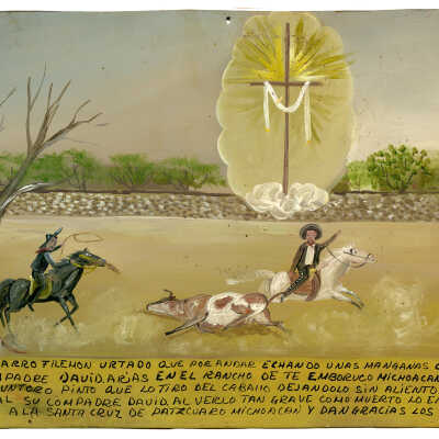 20th c. Mexican Ex Voto about Filemon Urtado and his Fall from a Pinto Bull