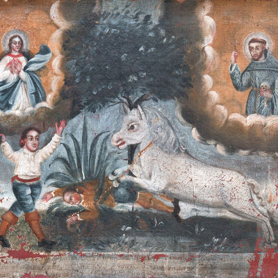 Boy Invoking the Protection of Mary and St. Francis of Assisi from Charging Horse.