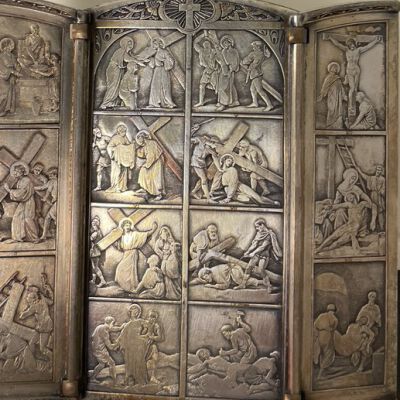 Triptych depicting the 14 Stations of the Cross