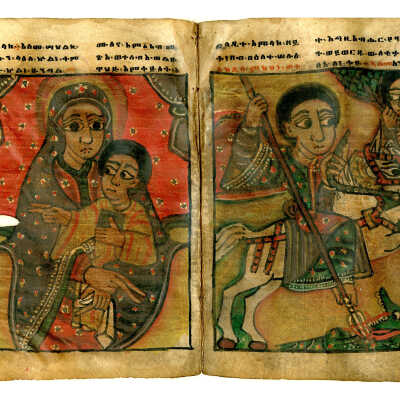 18th c. Ethiopian Manuscript Pages: St. George slaying the dragon and Madonna and Child