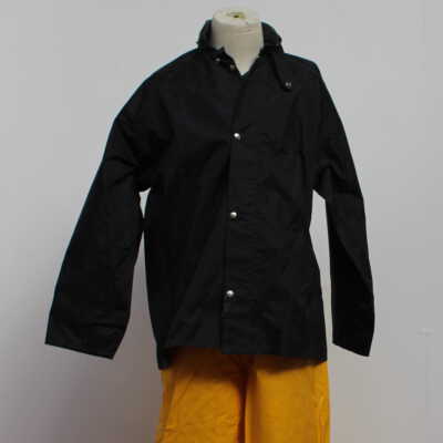 Rain jacket and yellow plastic pants