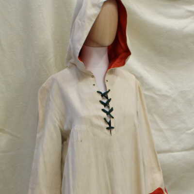Robe with painted design on front hem