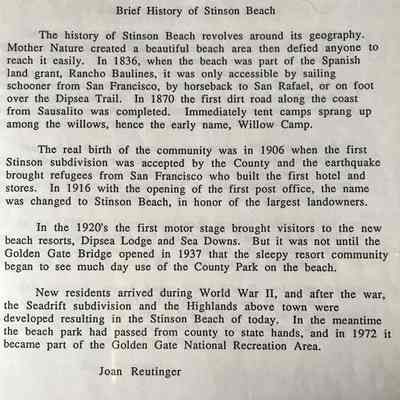 History of Stinson Beach by Joan Reutinger, no date