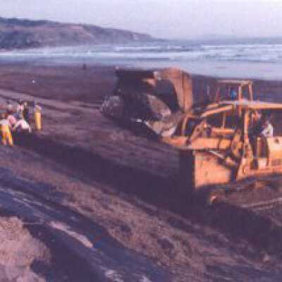 Winter Storm of '82/'83. Rocks are put on cloth to protect Seadrift