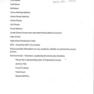 SBHS Scholarhip Fund Grant Application