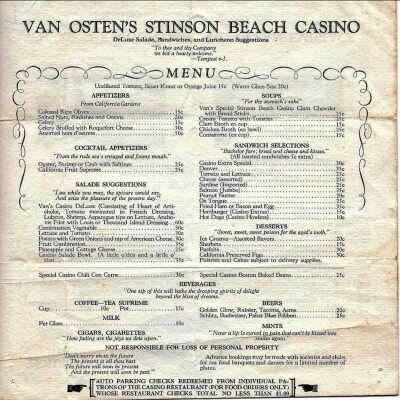 Van Osten's Stinson Beach Casino menu
