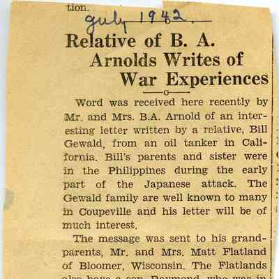 Relative of B.A. Arnold Writes of War Experiences 1942 - newspaper clipping