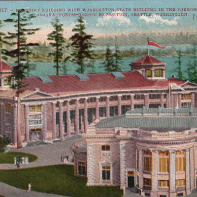 Forestry Building with Washington State Building in the Foreground, Alaska-Yukon-Pacific Exposition, Seattle, Washington