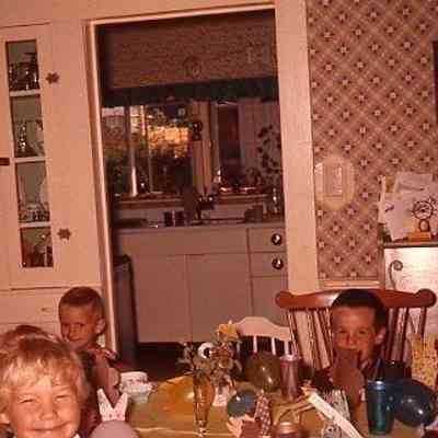 18. KJH 6th birthday party - Aug 20, 1958: KJH, Nancy (Bailey) Conrad facing camera, unknown, Chris Boushey, unknown, Hans Dunshee on right