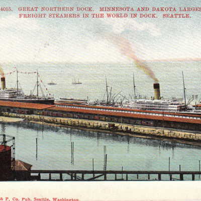 Great Northern Dock, Minnesota and Dakota, Largest Freight Steamers in the World in Dock. Seattle