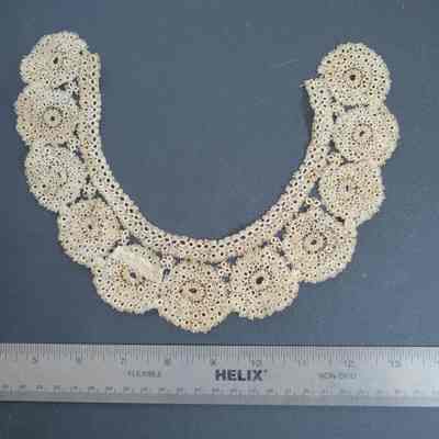 475 - tatted collar, ecru: Made by Phebe Carleton in 1865 to be worn w/ her wedding gown. Married to Alanson Arnold on May 3, 1865
