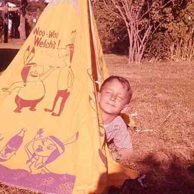 73B. KJH in Welch's Grape Juice teepee won at Prairie Mercantile raffle: Zylstra House - 1959