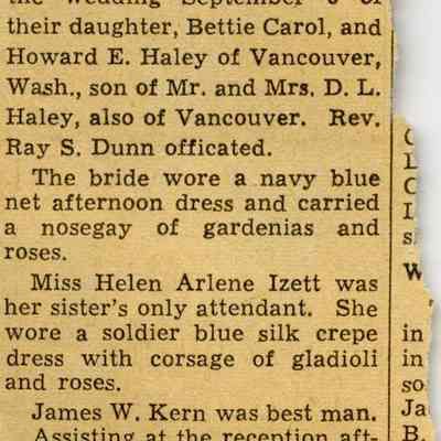 Wedding Announcement for Carl G. and Vera: early 1940s