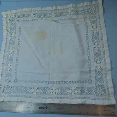 444 - doily, battenburg edged square doily: Made by Nellie Morse Dyer in 1900