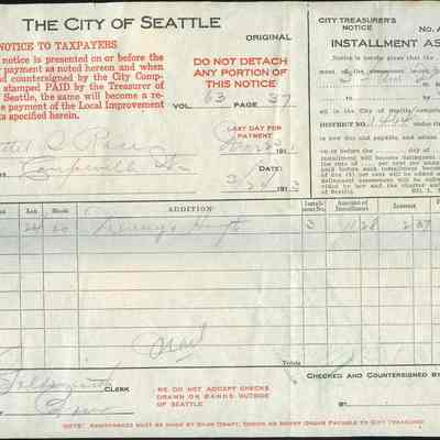 City Treasurer's Notice Installment Assessment, Hattie S Race, 1913