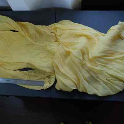 426 - yellow chiffon dress over taffeta, c 1942: Ida Alexander Sill, worn as bridesmaid dress by Shirley Rogers, Ft Monmouth, NJ