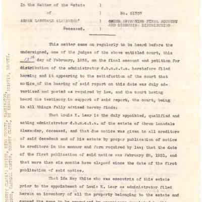 Order Approving Final Account and Directing Distributions - Abram Lansdale Alexander