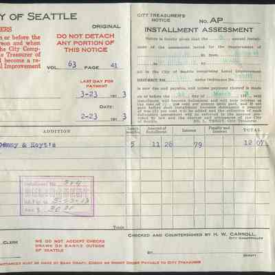 City Treasurer's Notice Installment Assessment, Hattie S Race, 1913