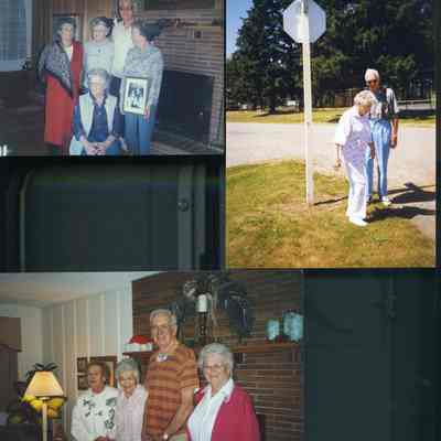 Top: Evelyn, Betty, Jim, Virginia, Helen Izett - 1988; Middle: Betty and Jim Izett visiting Oak Harbor street named for their family 1998: Bottom: Virginia, Betty, Jim and Helen - 2005
